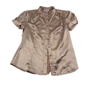 ByChoice Women's Satin Short Sleeve Button Up Shirt Top M Beige y2k